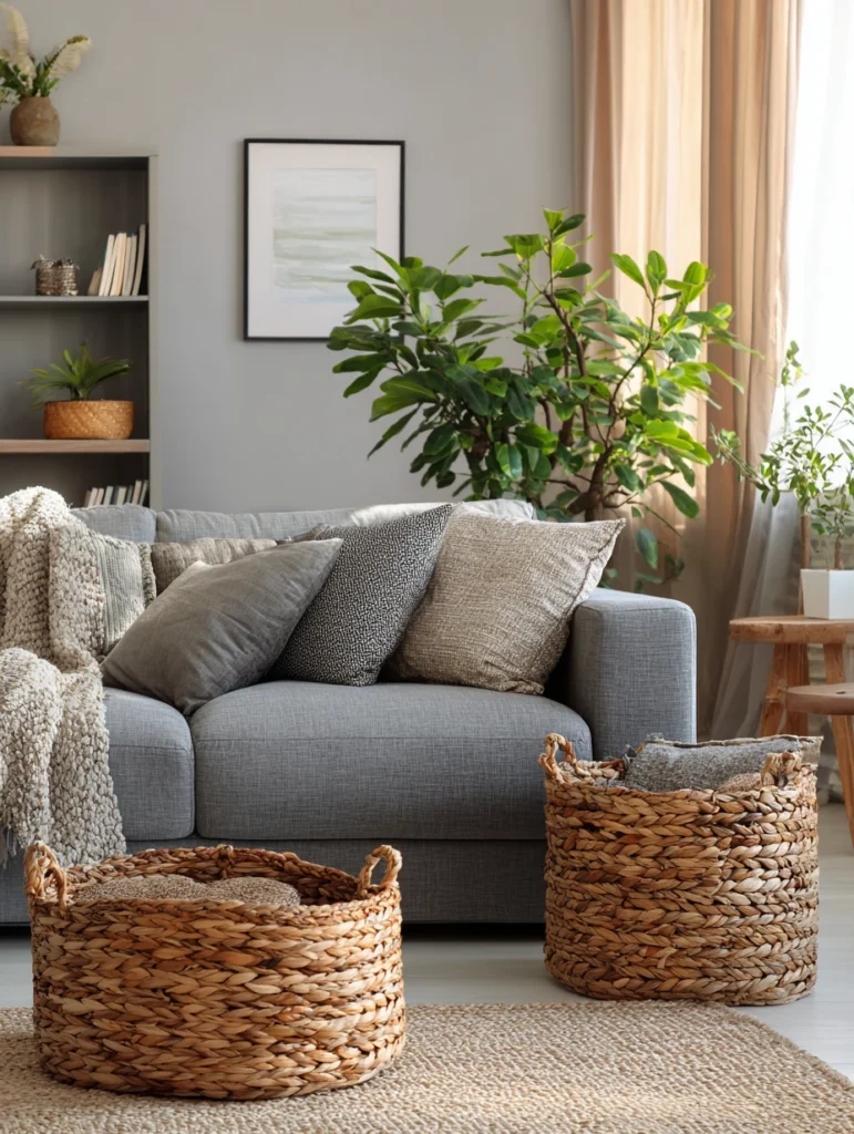 Grey Couch Living Room Ideas: Style with Baskets