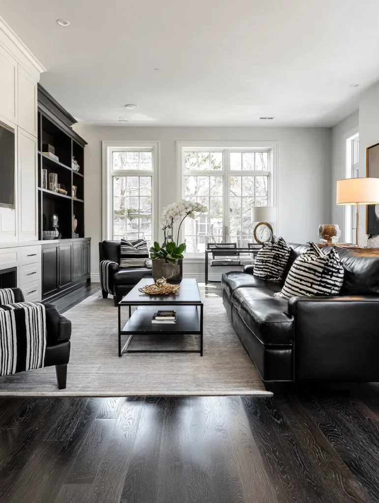 Grey Flooring Living Room Ideas: Add Drama With Black and White Contrast