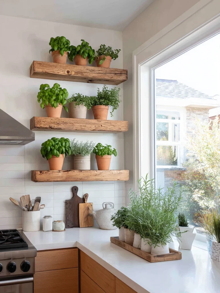 Aesthetic Kitchen Wall Decor Ideas: Floating Shelf Herb Garden