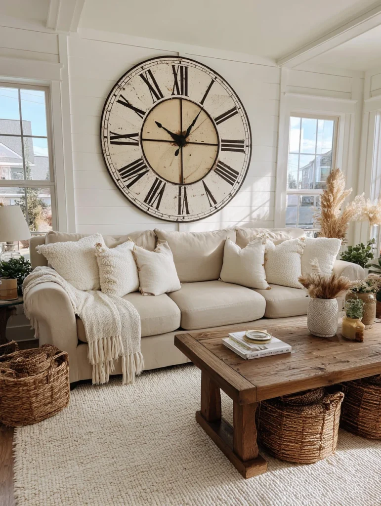 Aesthetic Farmhouse Living Room Ideas: Oversized Vintage Clock Statement