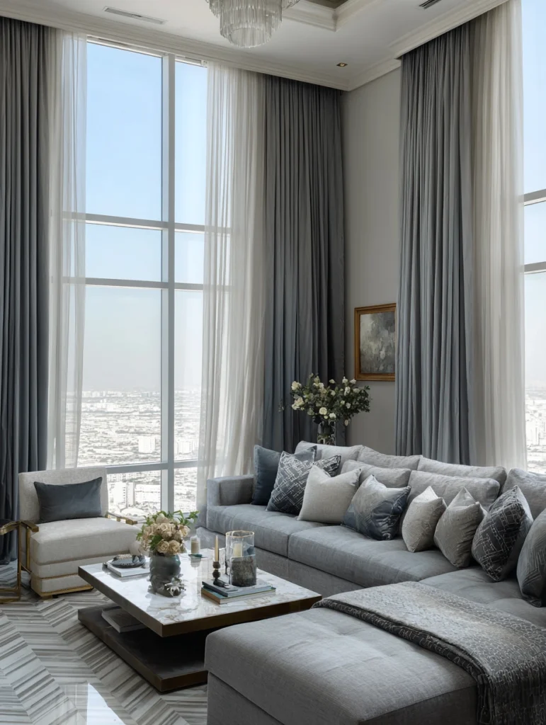 Grey Couch Living Room Ideas: Create Depth with Curtains