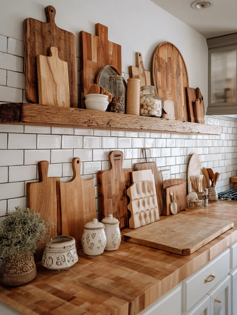 Aesthetic Kitchen Wall Decor Ideas: Layered Cutting Board Display