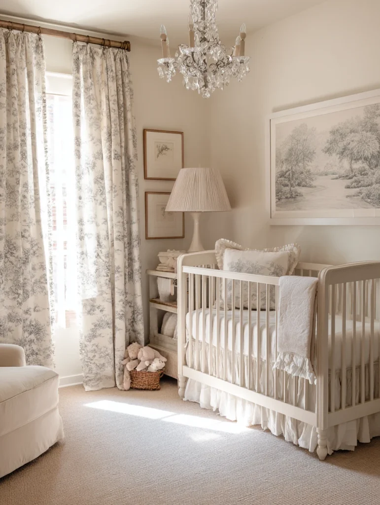 Elegant French Nursery Ideas: Toile Fabric Accessories