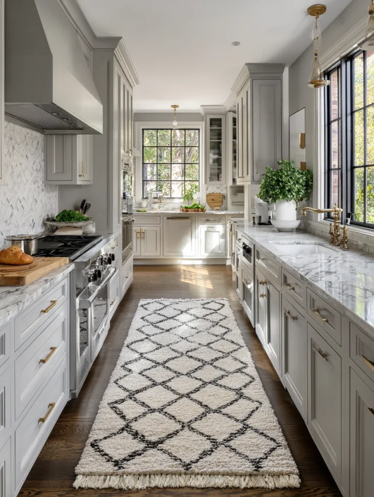 Grey and Beige Kitchen Ideas: Beige Rug Runner with Grey Geometric Pattern