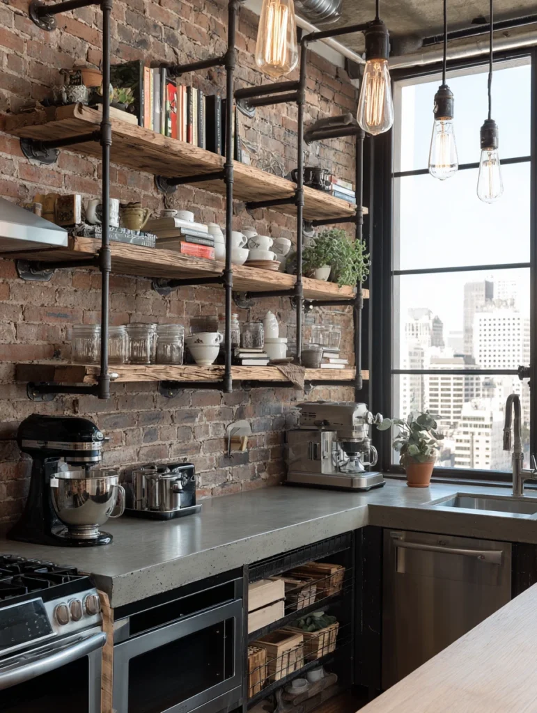 Aesthetic Kitchen Wall Decor Ideas: Industrial Pipe Shelf with Hooks