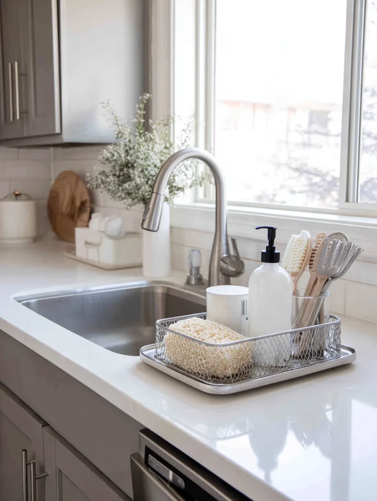 Kitchen Wash Basin Ideas: Use a Sink Caddy for Dish Soap and Brushes