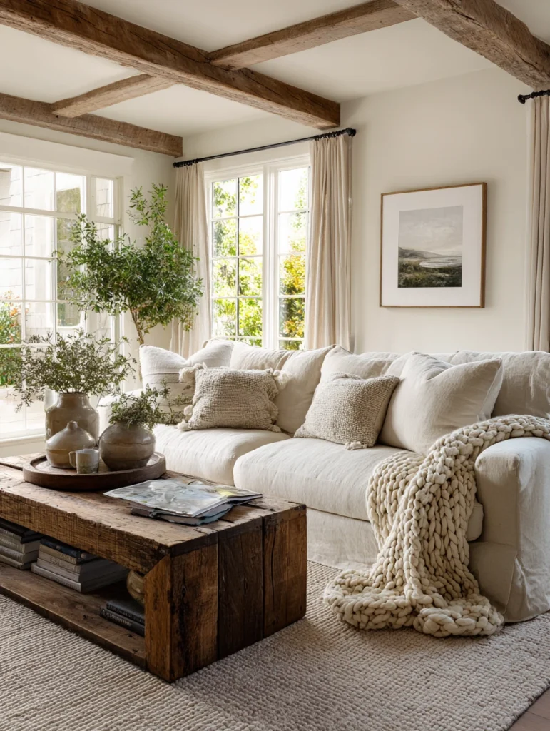 Aesthetic Farmhouse Living Room Ideas: Neutral Linen Sofa Foundation