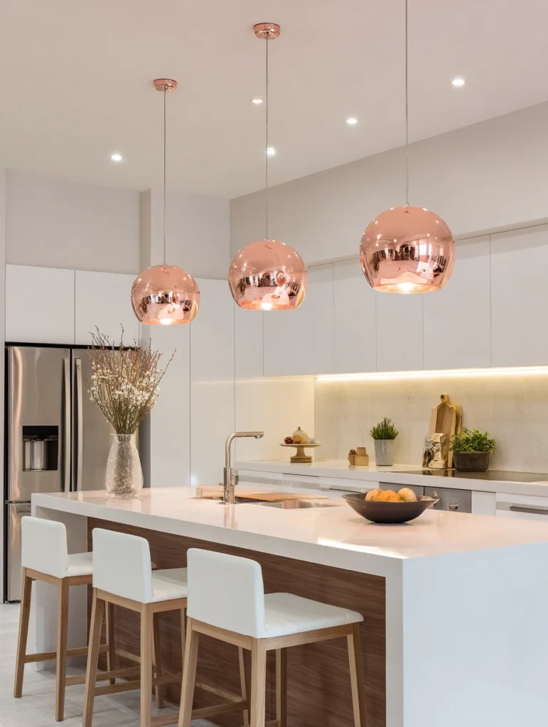 Rose Gold Kitchen Ideas: Rose Gold Pendant Lights Over the Island
