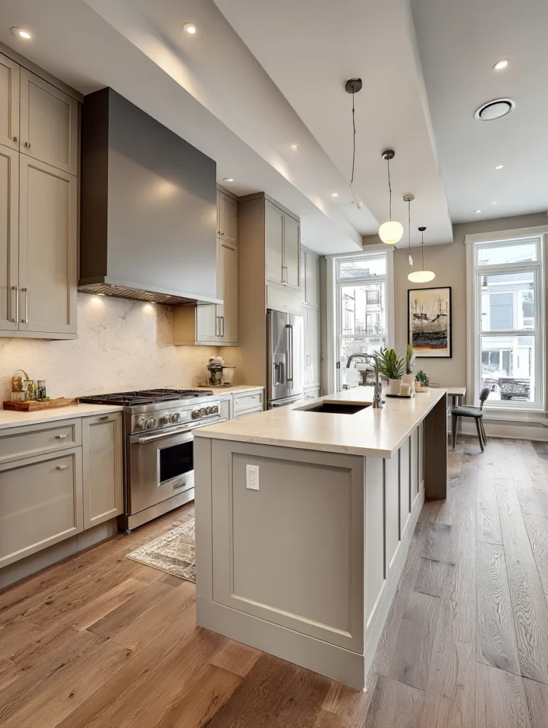 Grey and Beige Kitchen Ideas: Warm Beige Walls with Grey Accent Wall