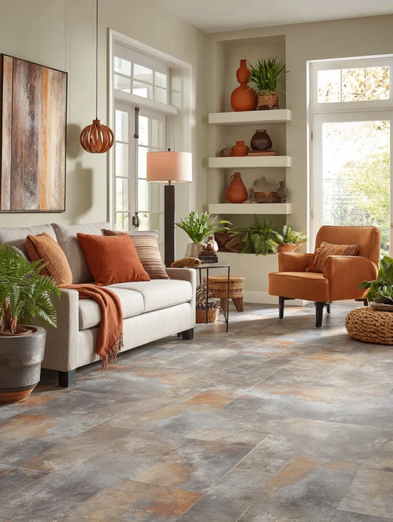 Grey Flooring Living Room Ideas: Create Warmth With Rust and Terracotta Accents