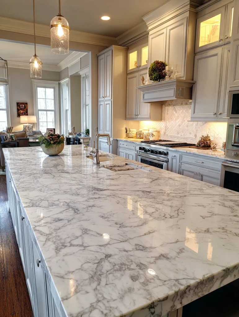 Grey and Beige Kitchen Ideas: Marble Countertops with Grey Veining