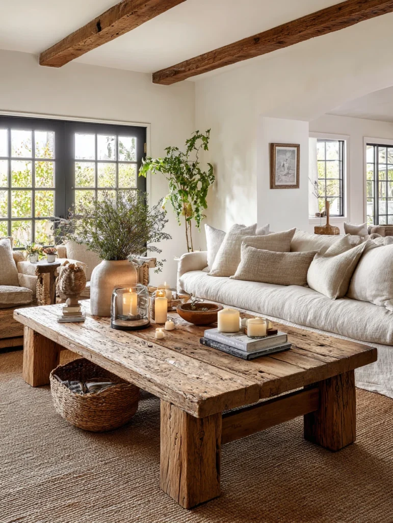 Aesthetic Farmhouse Living Room Ideas: Reclaimed Wood Coffee Table Centerpiece