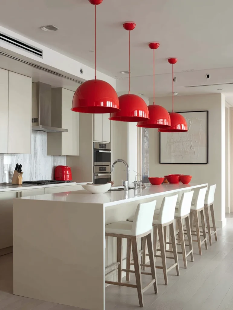 Red Kitchen Decor Ideas: Red Pendant Lights Above Counter