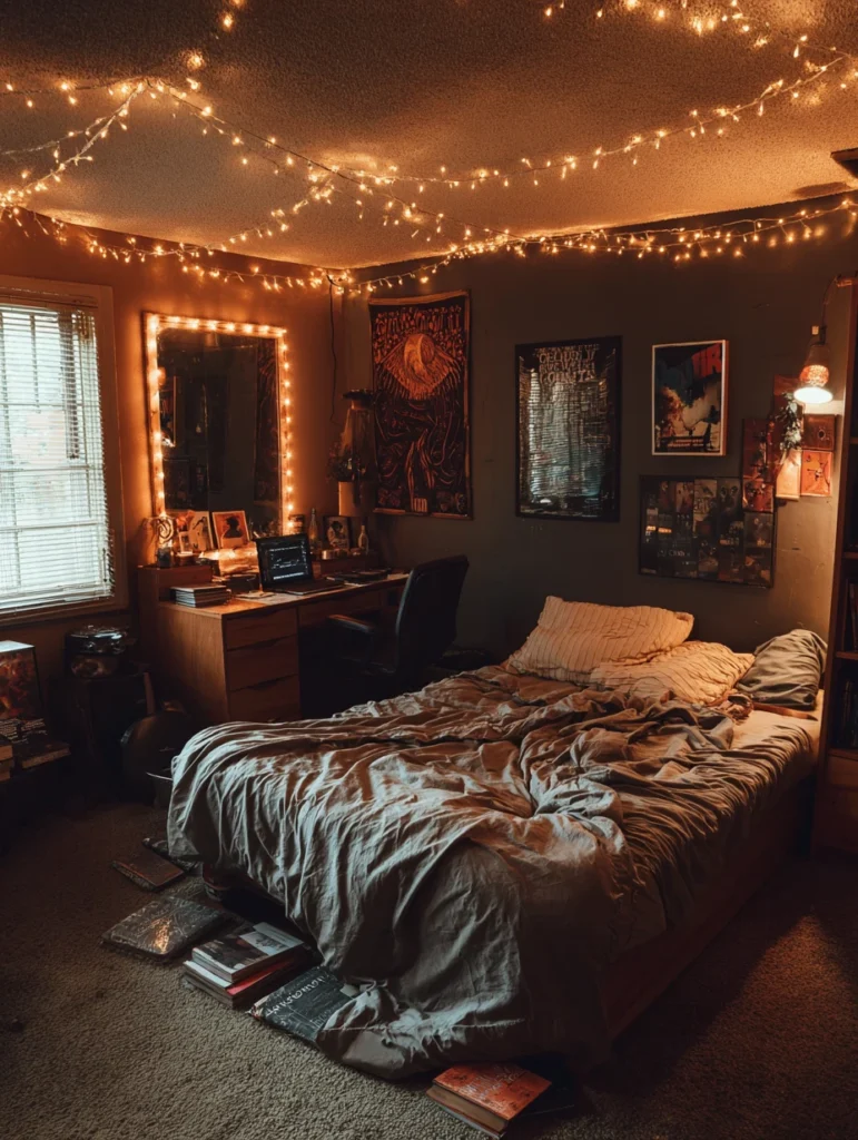 Aesthetic Grunge Room Ideas: String Fairy Lights in Warm or Amber Tones
