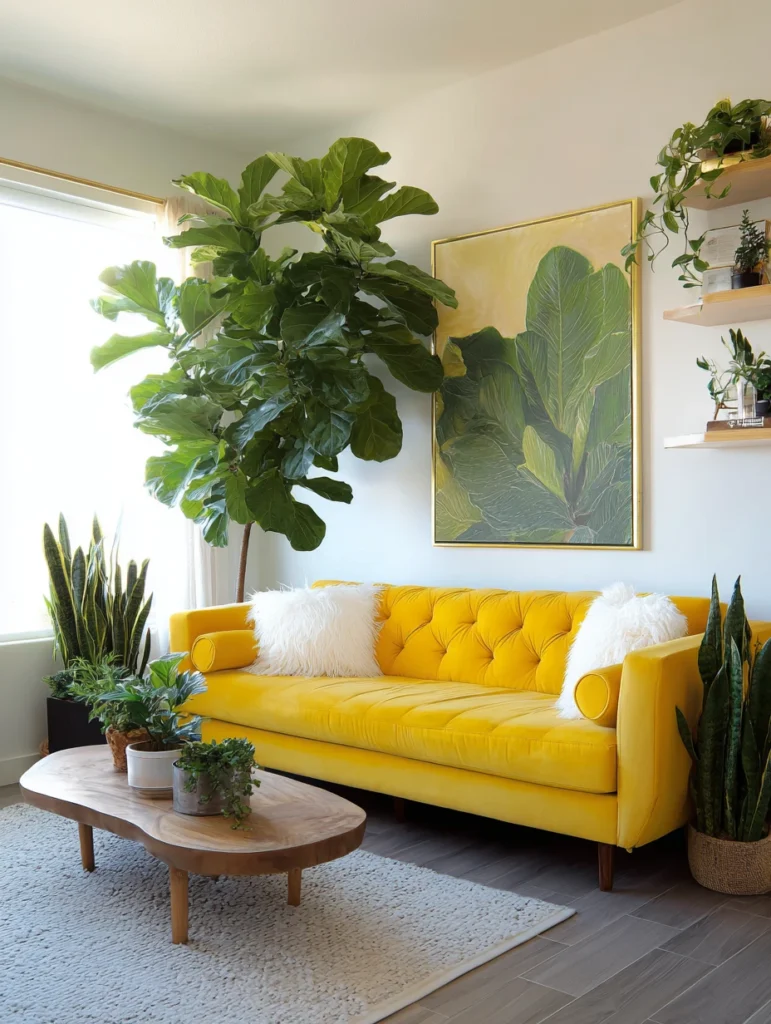Yellow Couch Living Room Ideas: Add Greenery for Natural Balance