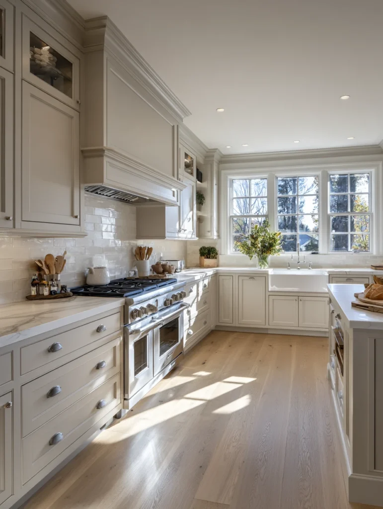 Grey and Beige Kitchen Ideas: Beige Shaker Cabinets with Grey Hardware