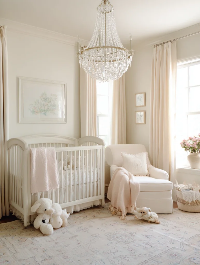 Elegant French Nursery Ideas: Delicate Chandelier Lighting
