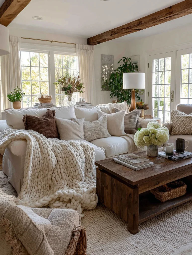 Aesthetic Farmhouse Living Room Ideas: Cozy Layered Textiles