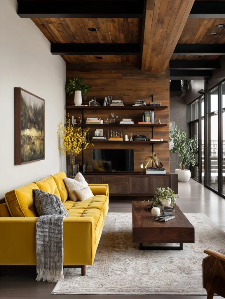 Yellow Couch Living Room Ideas: Ground the Space with Dark Wood Tones