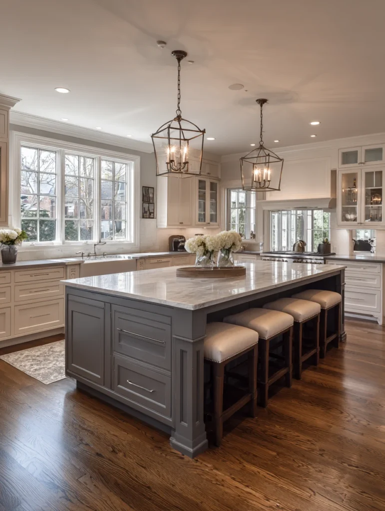 Grey and Beige Kitchen Ideas: Grey Kitchen Island with Beige Perimeter Cabinets