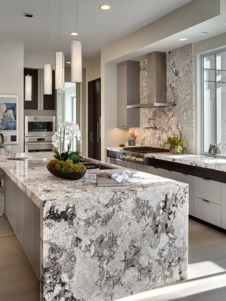 Grey and Beige Kitchen Ideas: Beige Quartz Countertops with Grey Flecks