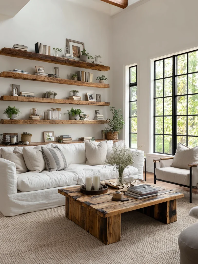 Aesthetic Farmhouse Living Room Ideas: Open Shelving Display
