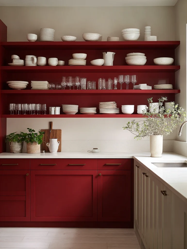 Red Kitchen Decor Ideas: Red Open Shelving Display