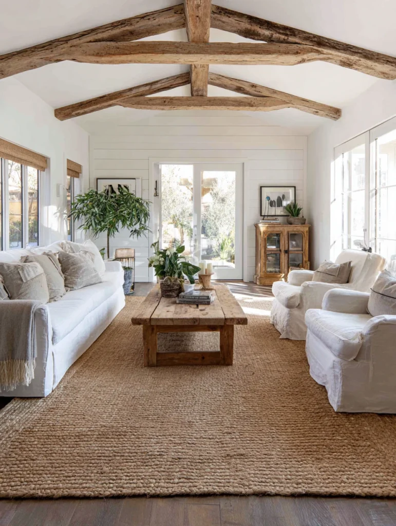 Aesthetic Farmhouse Living Room Ideas: Farmhouse-Style Area Rug Anchor