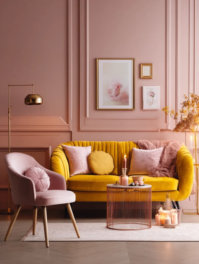 Yellow Couch Living Room Ideas: Soften with Blush Pink Touches