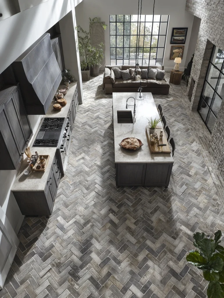 Grey and Beige Kitchen Ideas: Grey Floor Tiles with Beige Grout