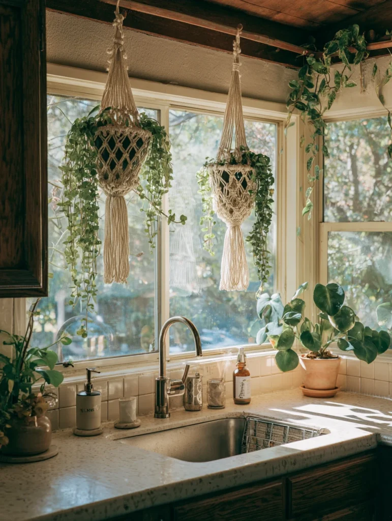 Above Kitchen Sink Ideas: Hang Macrame Plant Holders