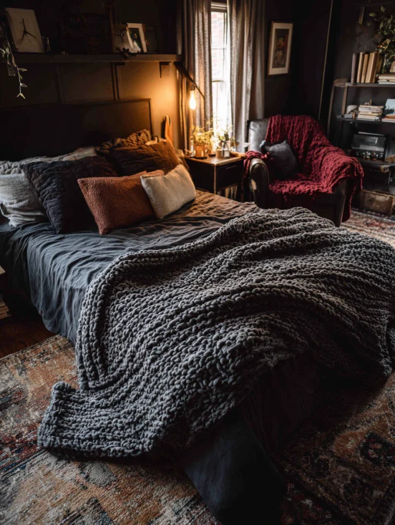Aesthetic Grunge Room Ideas: Incorporate Chunky Knit Blankets in Dark Colors