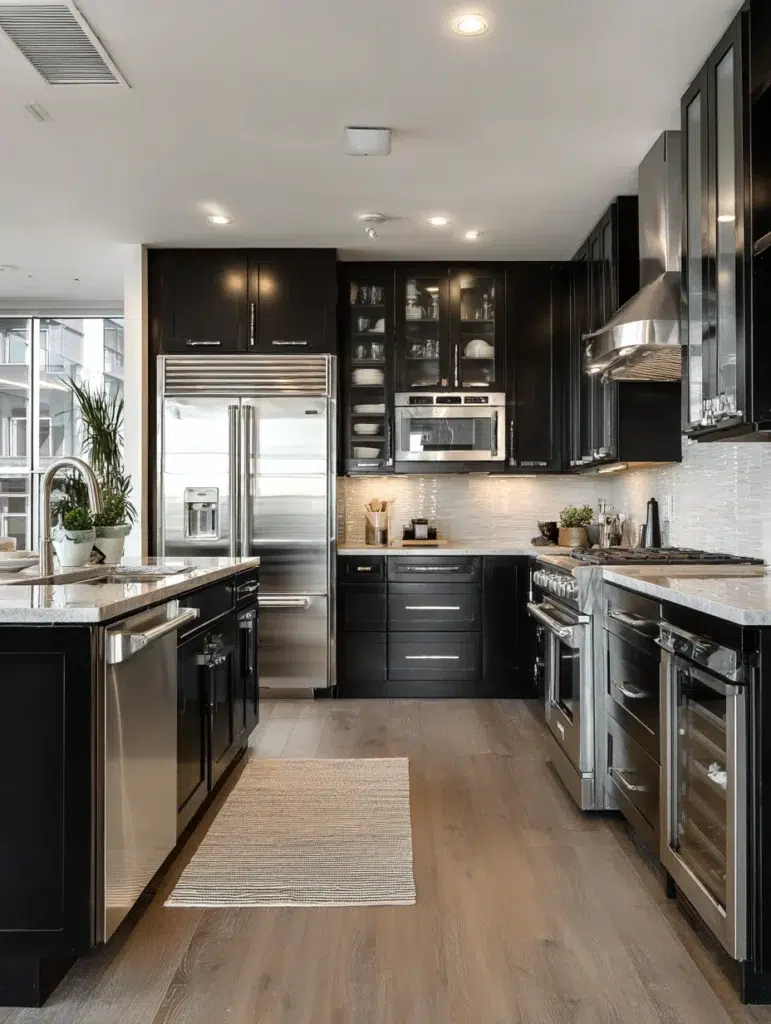 10 Black Cabinets with Stainless Steel
