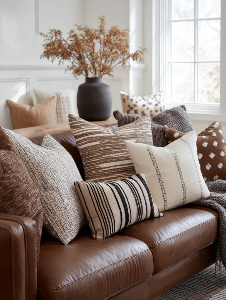 Brown and Cream Living Room Ideas: Layer Brown and Cream Throw Pillows
