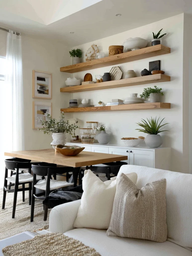 Small Living Room Dining Room Combo Ideas: Hang Floating Shelves Above Your Dining Table