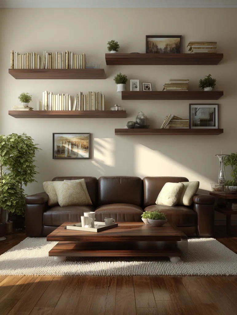 Brown and Cream Living Room Ideas: Install Floating Shelves in Walnut