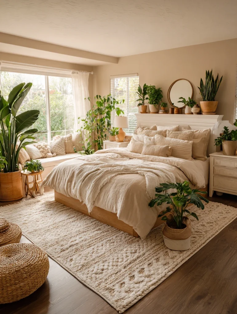 Beige Bedroom Ideas: Add Plants in Neutral Pots