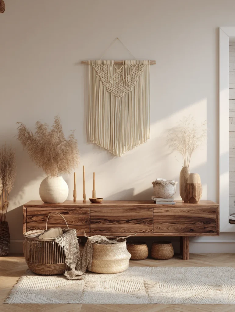 Brown and Cream Living Room Ideas: Hang a Cream Macrame Wall Hanging