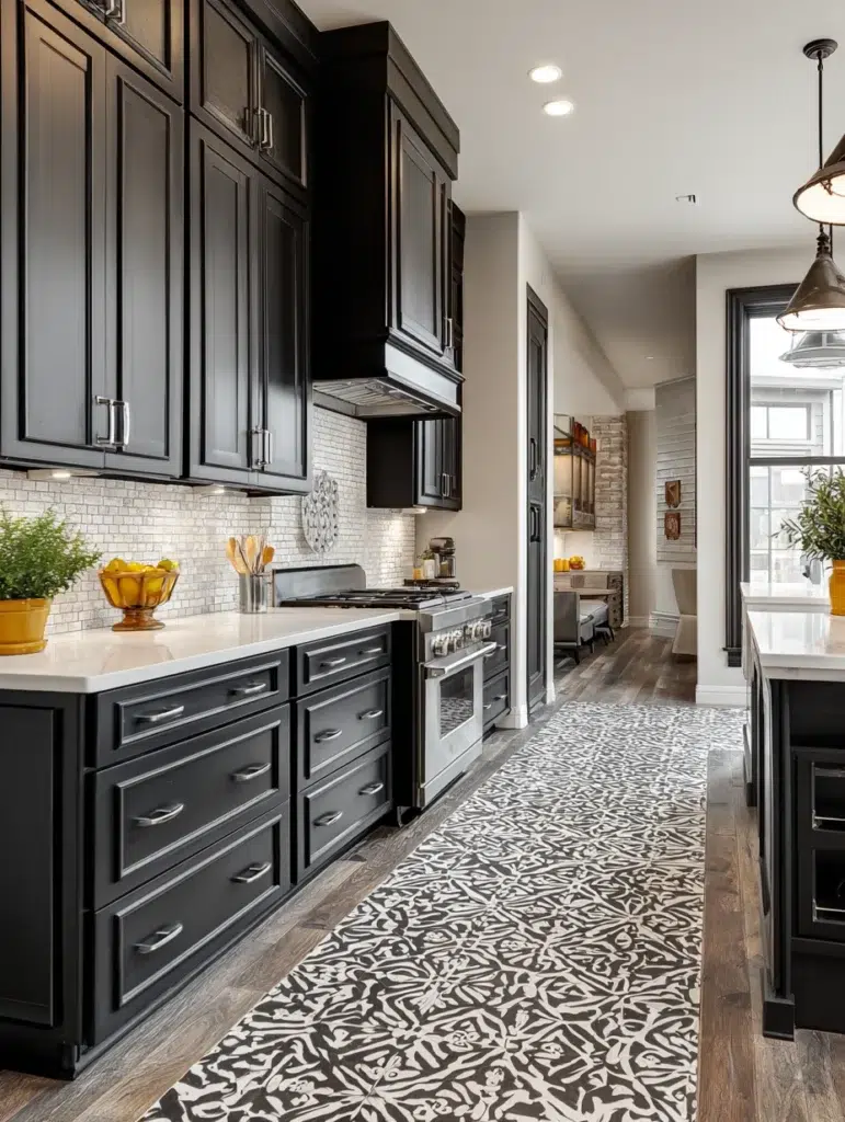15 Black Cabinets with Patterned Tile
