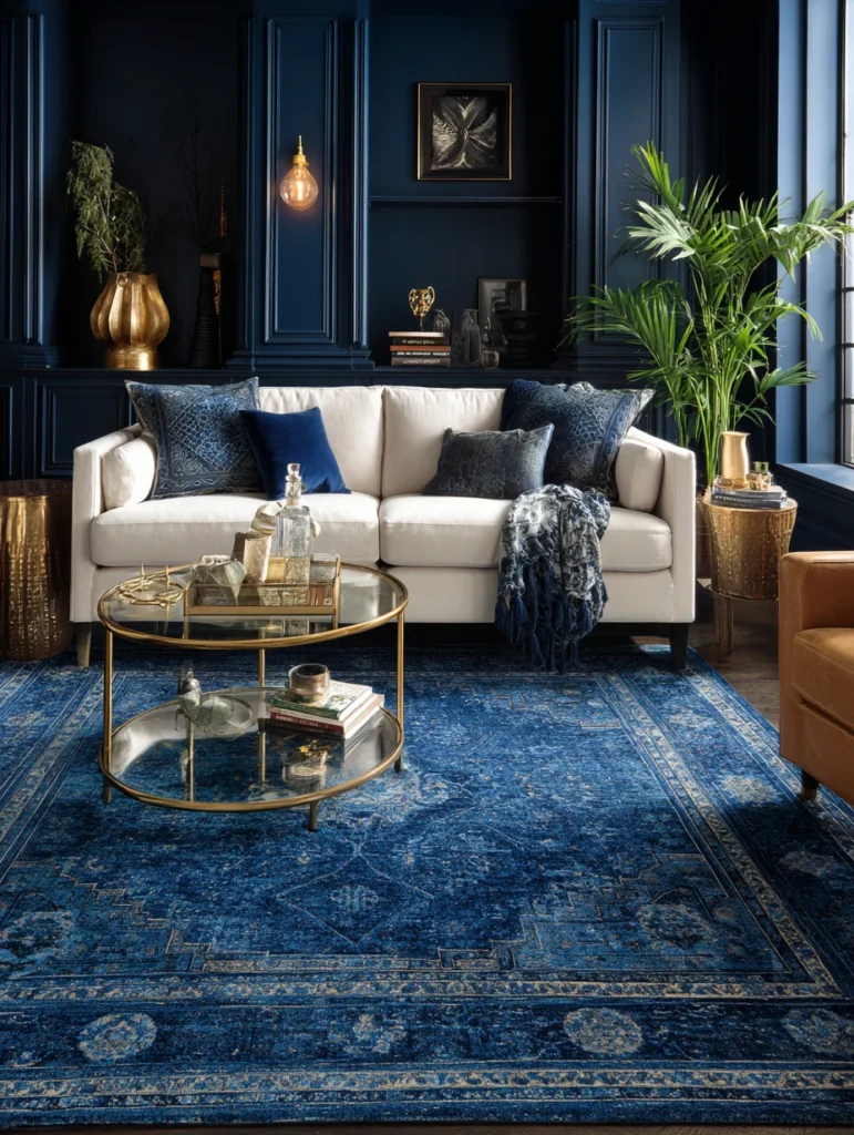 Stylish Living Room Rug Ideas: Navy Blue Anchoring Pieces