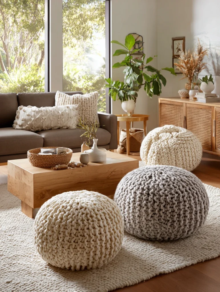 Brown and Cream Living Room Ideas: Add Cream Knit Poufs