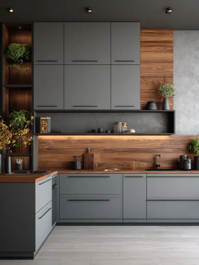 16 Grey Cabinets with Walnut Accents