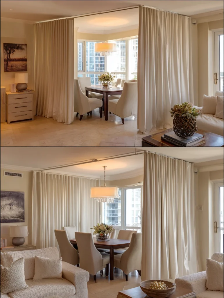 Small Living Room Dining Room Combo Ideas: Hang Curtains to Create a Flexible Division
