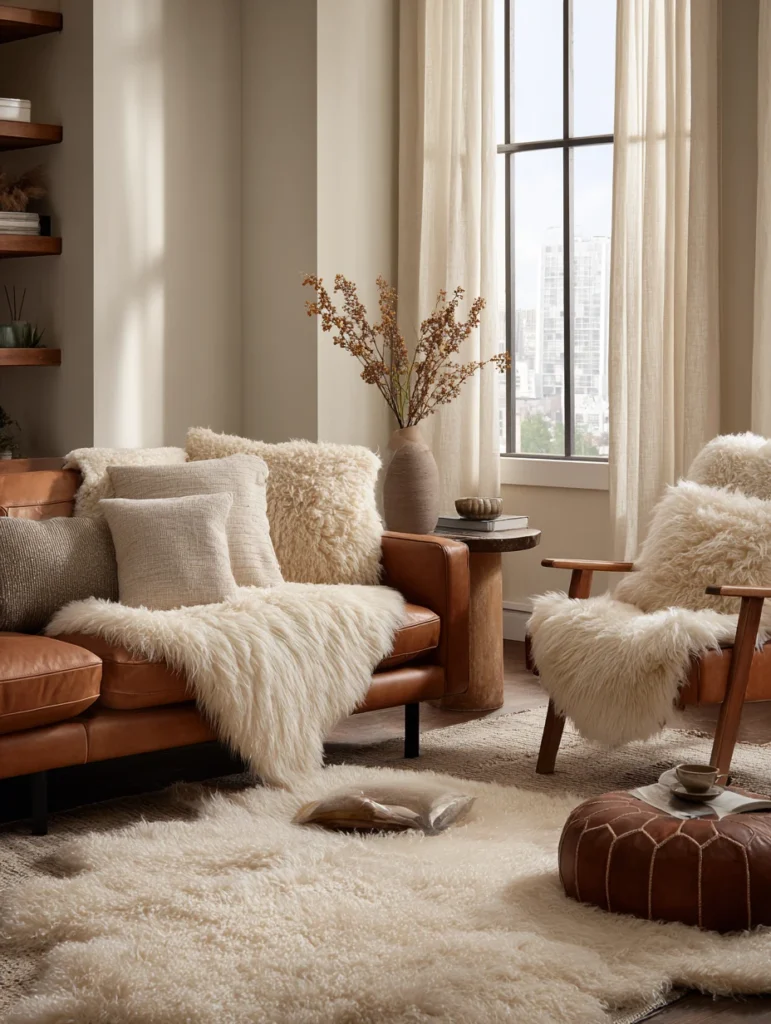Brown and Cream Living Room Ideas: Layer in Cream Sheepskin Throws
