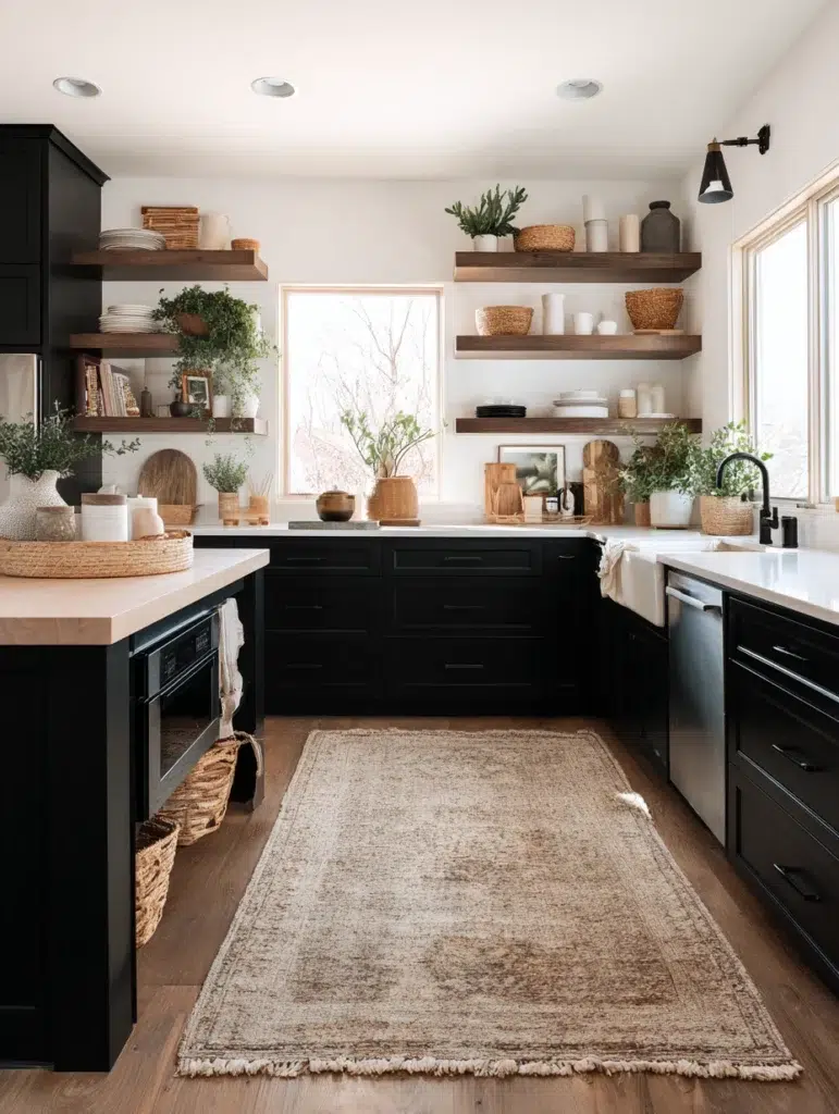 19 Black Lower Cabinets with Open Shelving