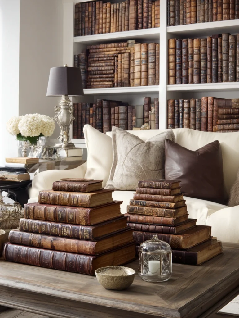 Brown and Cream Living Room Ideas: Add Brown Leather-Bound Books