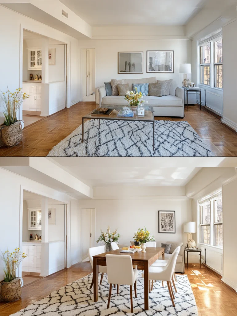 Small Living Room Dining Room Combo Ideas: Use a Rug to Anchor Each Zone