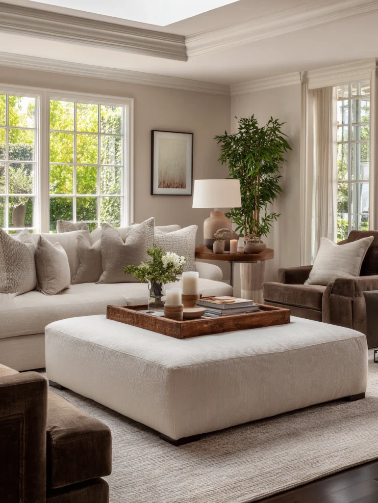 Brown and Cream Living Room Ideas: Add a Cream Upholstered Ottoman