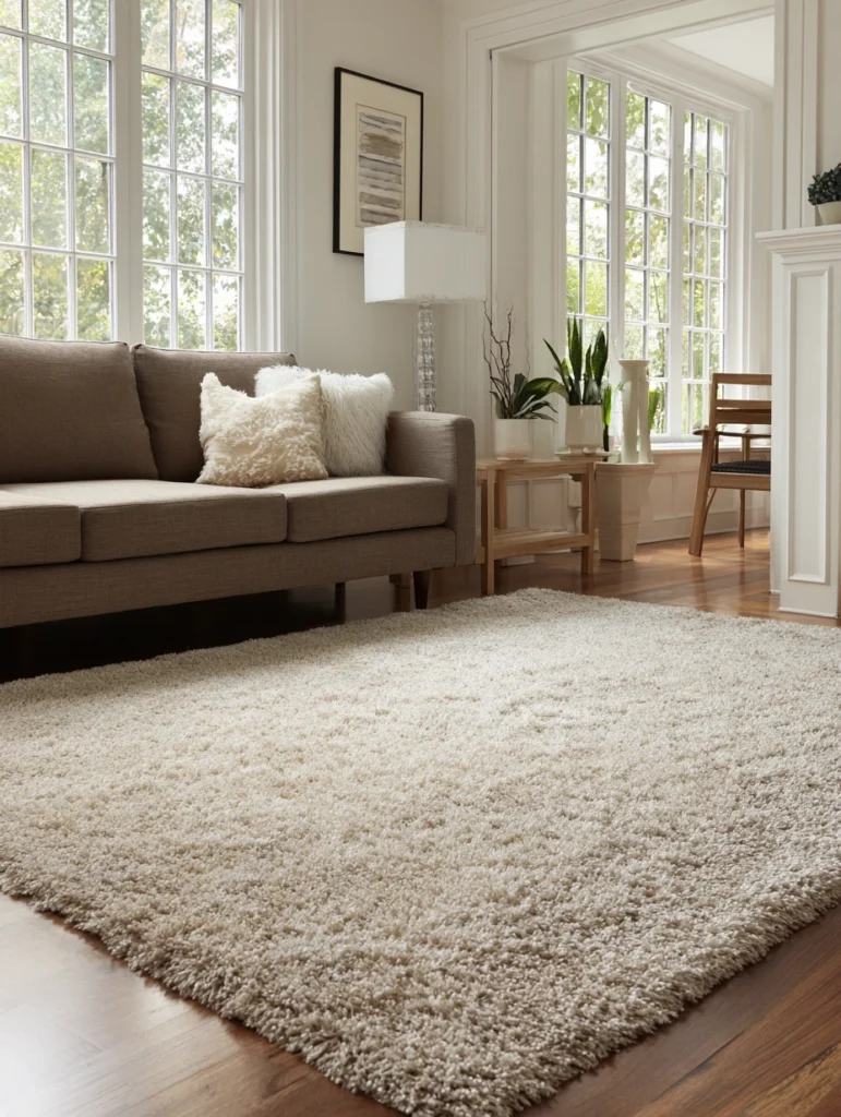 Brown and Cream Living Room Ideas: Add a Cream Shag Rug for Softness