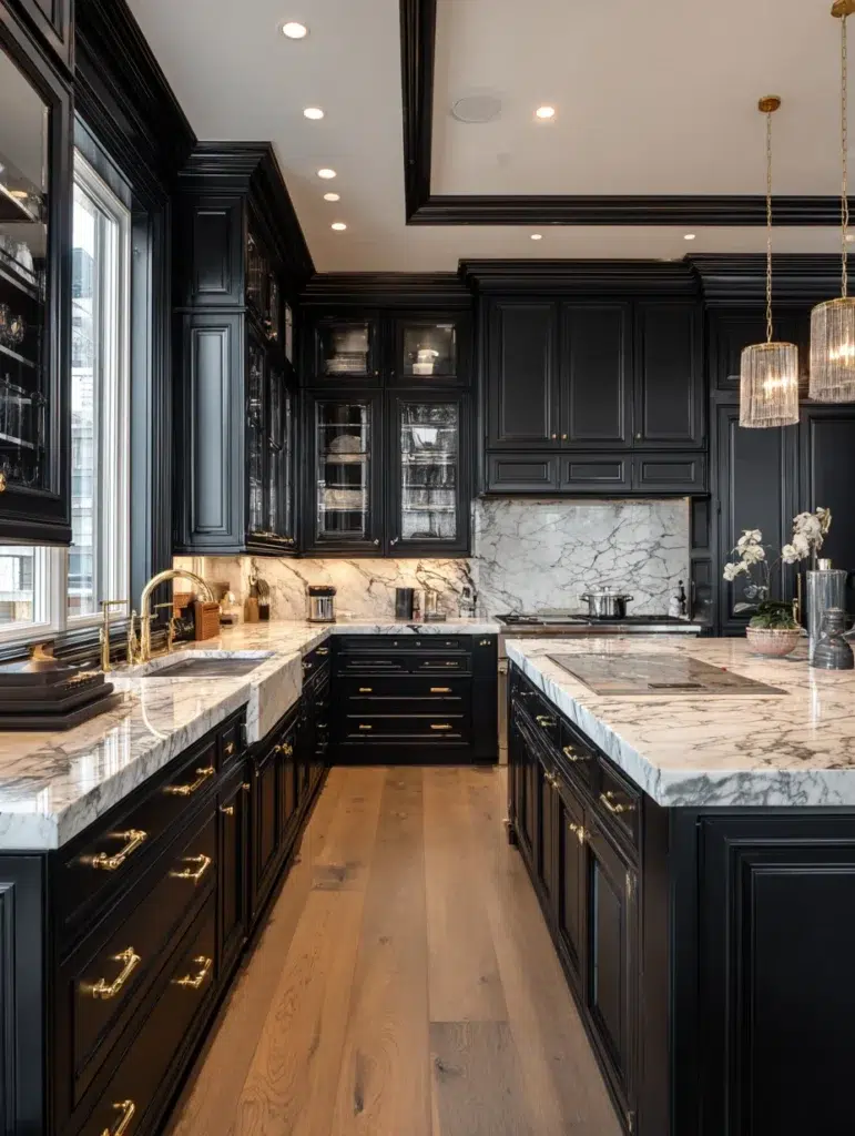 4 Black Cabinets with Marble
